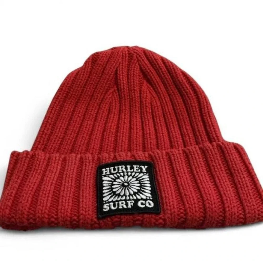 Hurley Beanie Unisex One Size Redish Orange Ribbed Knit Surf Co Logo Patch